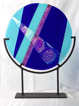 Blue Rainbow Day - 16 inch circle with multi-colored dichroic glass